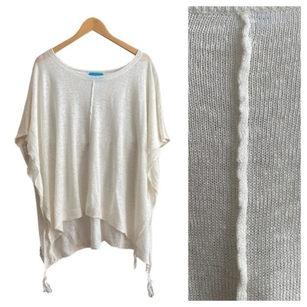 Isle Field Cream White Linen Lightweight Tassel Poncho Sweater One Size